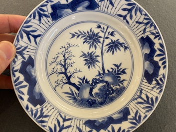 A pair of Chinese blue and white 'bamboo' plates, Chenghua mark, Kangxi