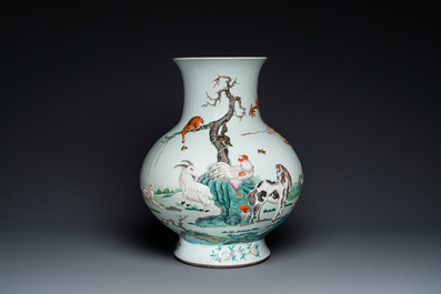 An impressive large relief-molded Chinese famille rose 'Twelve zodiac animals' vase, Qianlong mark, 19th C.