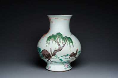 An impressive large relief-molded Chinese famille rose 'Twelve zodiac animals' vase, Qianlong mark, 19th C.