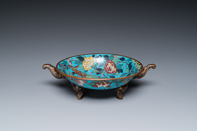 A Chinese cloisonn&eacute; tripod 'phoenix' bowl with elephant head handles, Qianlong/Jiaqing