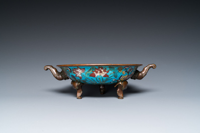A Chinese cloisonn&eacute; tripod 'phoenix' bowl with elephant head handles, Qianlong/Jiaqing