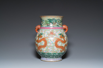 A large Chinese celadon-ground famille rose 'hu' vase with dragons, 19th C.