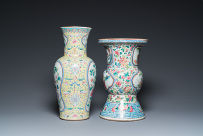 A Chinese famille rose yellow-ground 'phoenix' vase and a large spittoon, 19th C.