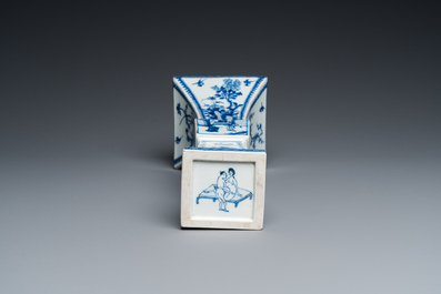 A Chinese blue and white square 'gu' vase with erotical scene on the base, Kangxi