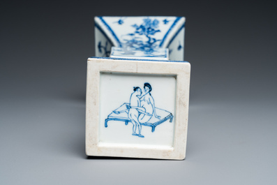 A Chinese blue and white square 'gu' vase with erotical scene on the base, Kangxi