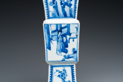 A Chinese blue and white square 'gu' vase with erotical scene on the base, Kangxi