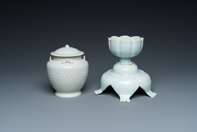 A Chinese carved qingbai vase with cover and a cup with stand, Song or later