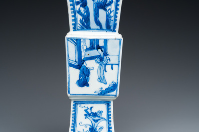 A Chinese blue and white square 'gu' vase with erotical scene on the base, Kangxi