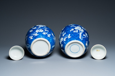 A pair of Chinese blue and white jars and covers, 19th C.