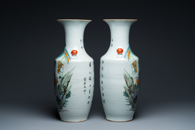 A pair of Chinese famille rose 'whistling ladies' vases, signed Zeng Dingtai 曾鼎太, 19/20th C.