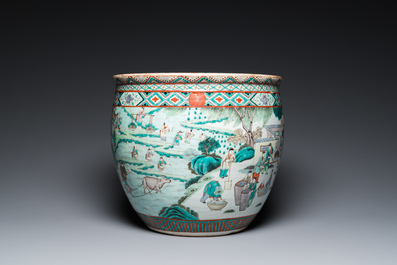 A Chinese famille verte 'silk production' fish bowl, 19th C.