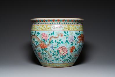 A large Chinese famille verte light blue-ground fish bowl, 19th C.