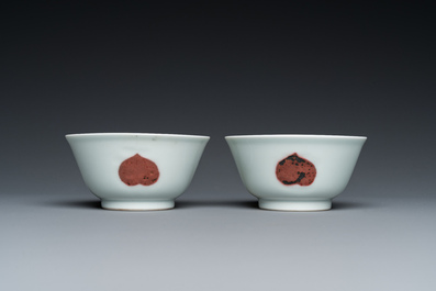 Paire de bols en porcelaine de Chine &agrave; d&eacute;cor de fruits en rouge de cuivre, marque et peut-&ecirc;tre &eacute;poque de Yongzheng