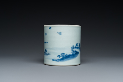 A Chinese blue and white 'landscape' brush pot, probably Kangxi