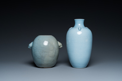 Two Chinese monochrome blue-glazed vases, one with Yongzheng mark, 19/20th C.