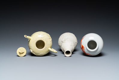 A Chinese yellow-glazed biscuit teapot, a white-glazed biscuit double gourd vase and an iron-red 'phoenix' jar, 20th C.