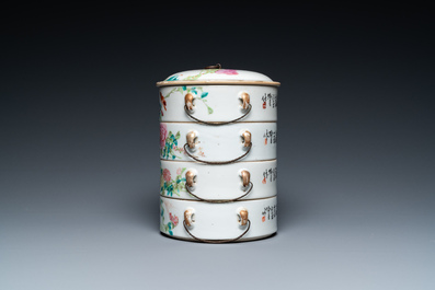 A Chinese qianjiang cai four-tier stacking box, signed Yu Chun 喻春, dated 1907