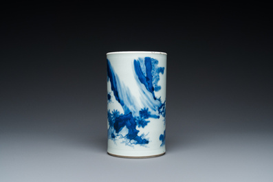 A Chinese blue and white 'lady and playing boys' brush pot, probably 19th C.