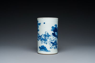 A Chinese blue and white 'lady and playing boys' brush pot, probably 19th C.