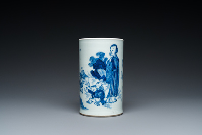 A Chinese blue and white 'lady and playing boys' brush pot, probably 19th C.