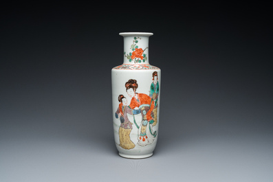 A Chinese famille verte rouleau vase on wooden 'lotus' stand, probably 19th C.