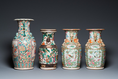 Een paar Chinese Canton famille rose vazen, een vaas met hofsc&egrave;ne en een Nanking vaas met strijders, 19e eeuw