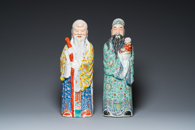 Deux figures de Dieux d'Etoiles en porcelaine de Chine famille rose, marque de Mao Ji Sheng Zao 茂記生造, 19/20&egrave;me