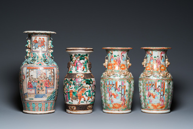 A pair of Chinese Canton famille rose vases, one with a court scene and one with a warrior scene, 19th C.