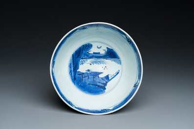 A Chinese blue and white 'immortals' bowl, Shen De Tang Bo Gu Zhi 慎德堂博古製 mark, Kangxi