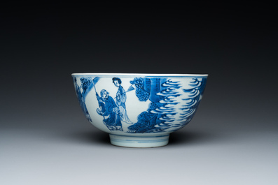 A Chinese blue and white 'immortals' bowl, Shen De Tang Bo Gu Zhi 慎德堂博古製 mark, Kangxi