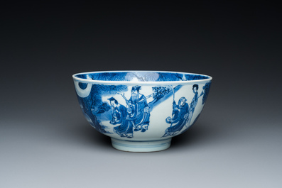 A Chinese blue and white 'immortals' bowl, Shen De Tang Bo Gu Zhi 慎德堂博古製 mark, Kangxi