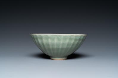 A Chinese Longquan celadon 'lotus' bowl and a dish, Song or later