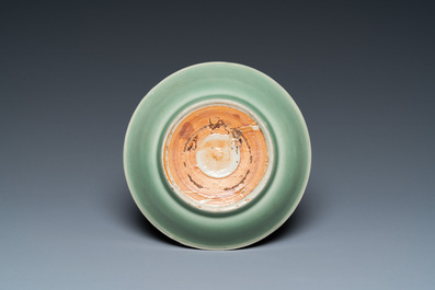 A Chinese Longquan celadon 'lotus' bowl and a dish, Song or later