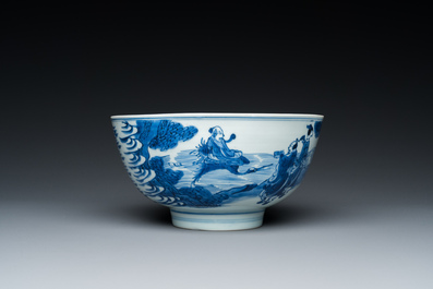 Bol en porcelaine de Chine en bleu et blanc &agrave; d&eacute;cor d'immortels, marque de Shen De Tang Bo Gu Zhi 慎德堂博古製, Kangxi