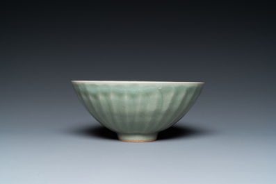 A Chinese Longquan celadon 'lotus' bowl and a dish, Song or later