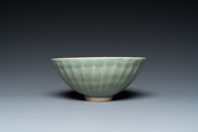 A Chinese Longquan celadon 'lotus' bowl and a dish, Song or later