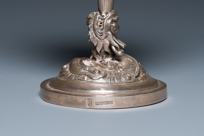 A Chinese silver monogrammed goblet and an octagonal tripod dish, 19/20th C.