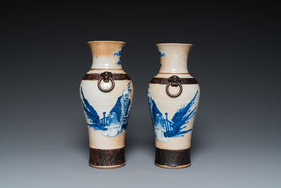 A pair of Chinese famille verte vases with covers and a pair of Nanking vases, 19th C.