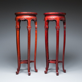 A pair of tall Chinese wooden stands with marble tops, Republic