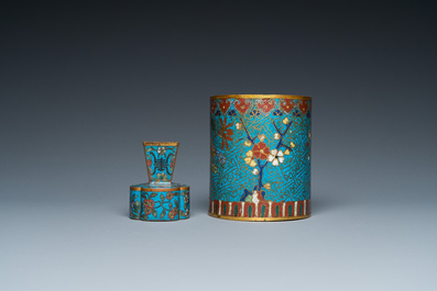 A Chinese cloisonn&eacute; brush pot, a small vase and a patinated copper dish, 19/20th C.