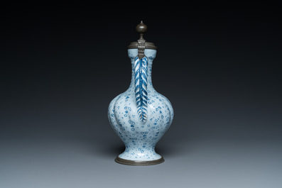 A German blue and white pewter-mounted twisted ewer, Frankfurt, 17th C.