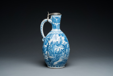 A large twisted Dutch Delft blue and white pewter-mounted ewer, 17th C.