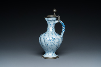 A German blue and white pewter-mounted twisted ewer, Frankfurt, 17th C.