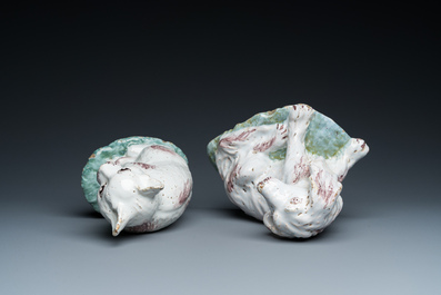 Two Brussels faience sculptures of a cat and a dog, probably Mombaers workshop, 2nd half 18th C.