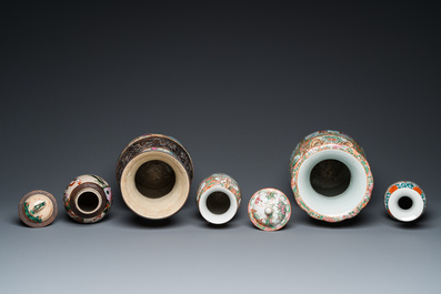 Eight Chinese Canton famille rose vases, two Nanking vases and two famille rose bowls, 19/20th C.