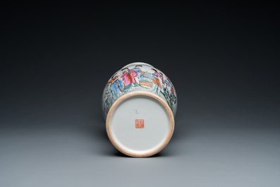 A Chinese famille rose 'ladies in the garden' vase, Qianlong mark, 20th C.