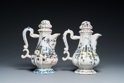 Two polychrome Italian fa&iuml;ence coffee pots and covers, Pesaro, 18th C.