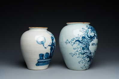 Two Dutch Delft blue and white tobacco jars with brass lids, 18th C.