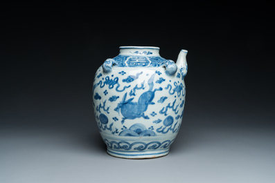 A large Chinese blue and white jug with flying mythical beasts, Wanli