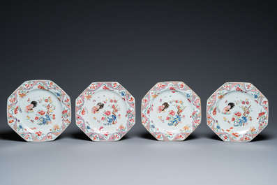 Eight Chinese octagonal famille rose 'rooster' plates, Qianlong